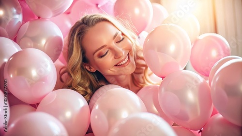 Wallpaper Mural Joyful Young Woman Smiling in a Room Filled with Soft Pink Balloons Torontodigital.ca