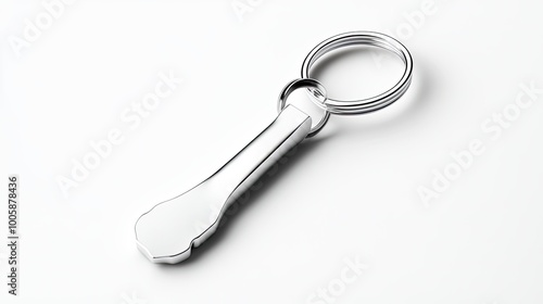 A shiny metal keychain on a bright background, ideal for showcasing accessories or tools in photography.