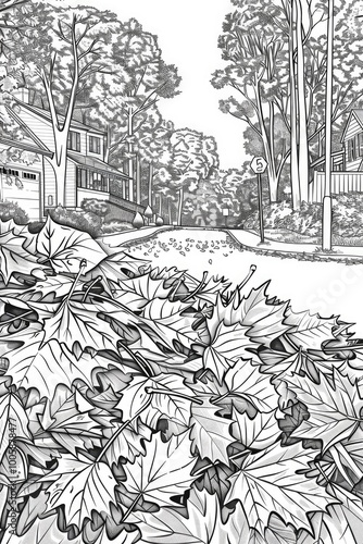 Wallpaper Mural Coloring book illustration of a residential street in a woodland area with a large pile of fall leaves ready for curbside leaf pickup featuring a vibrant autumn scene Torontodigital.ca