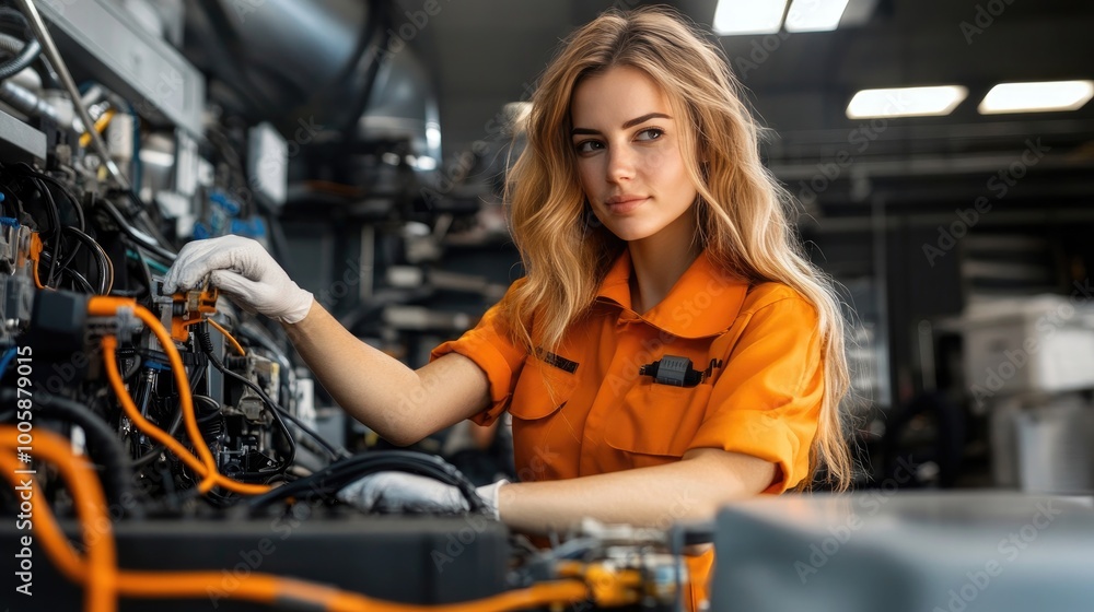 A skilled woman in an orange uniform repairs machinery, showcasing expertise in a technical environment. A skilled woman in an orange uniform repairs machinery, showcasing expertise in a technical environment.