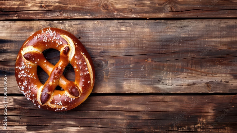 Pretzel with golden-brown crust and coarse salt placed on wooden wallpaper Pretzel with golden-brown crust and coarse salt placed on wooden wallpaper