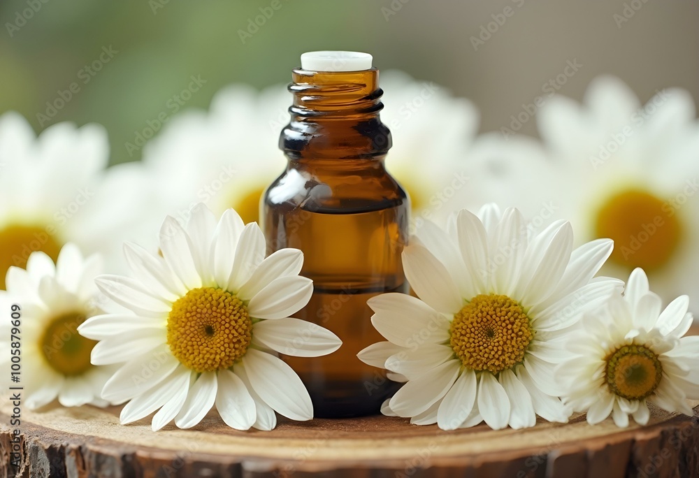 A glass bottle of essential oil surrounded by white daisy flowers on a wooden surface A glass bottle of essential oil surrounded by white daisy flowers on a wooden surface
