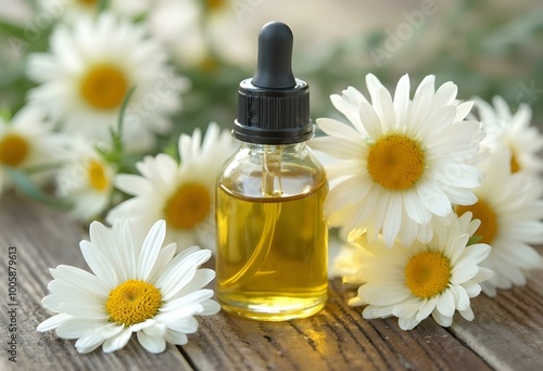 A glass bottle of essential oil surrounded by white daisy flowers on a wooden surface