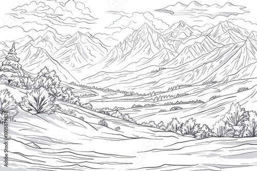 Coloring book illustration of a stunning snowy mountain range and valley on a sunny winter day with cold winds sweeping the peaks high in the range