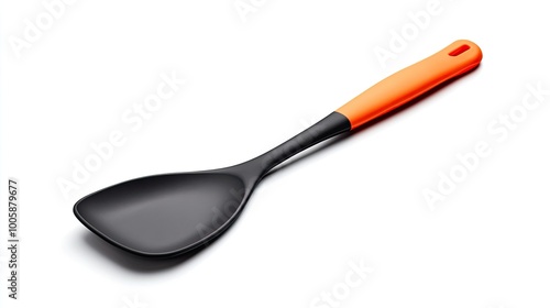 A sleek black plastic serving spoon with an orange handle, perfect for various kitchen tasks and serving dishes.