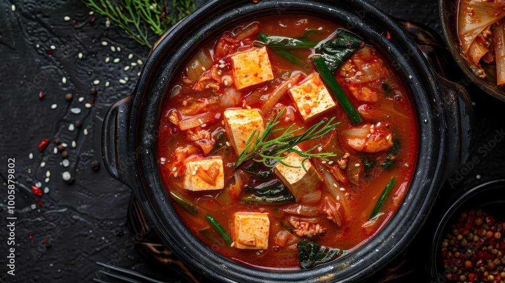 Spicy kimchi stew with pork tofu and vegetables in a bubbling hot broth Spicy kimchi stew with pork tofu and vegetables in a bubbling hot broth