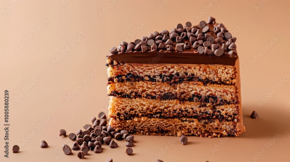 Brigadeiro cake slice with dense layers topped with chocolate and ganache Brigadeiro cake slice with dense layers topped with chocolate and ganache