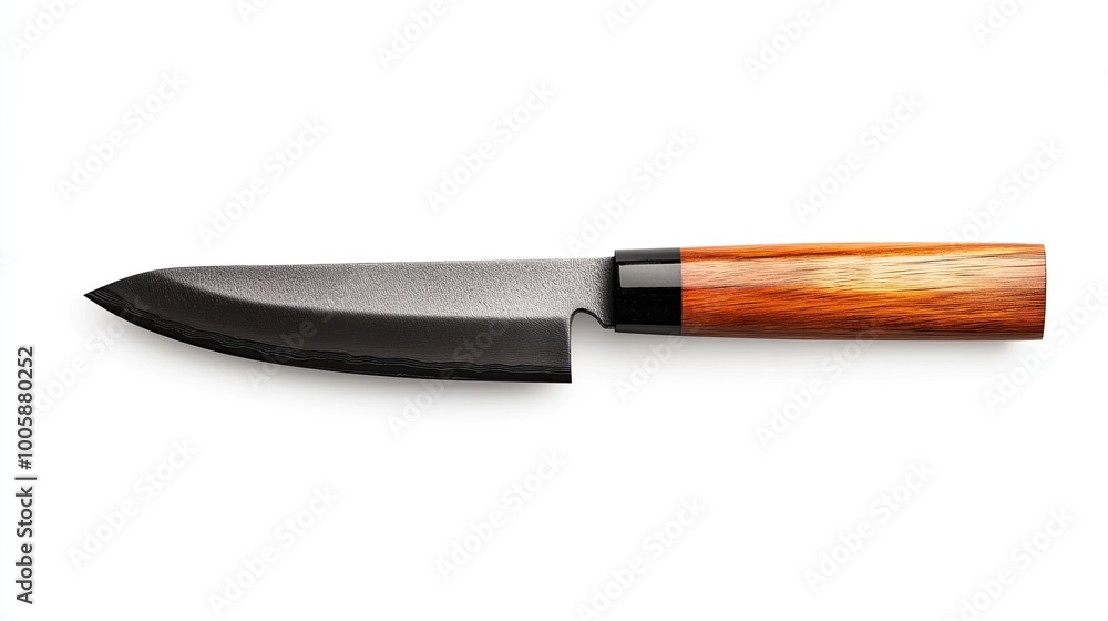 Fototapeta premium A sleek, forged chef knife with a wooden handle, perfect for culinary enthusiasts and professional chefs alike.