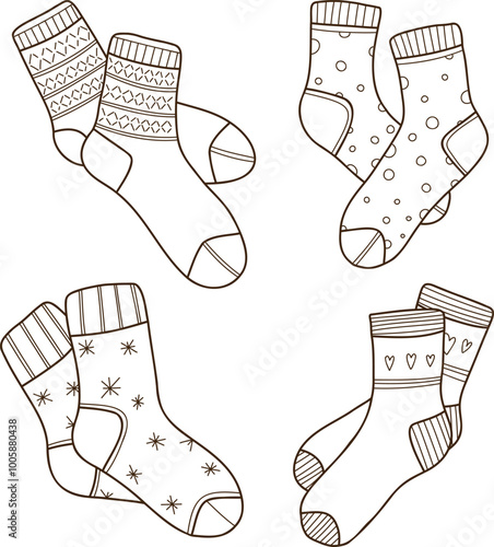 Set of hand drawn vector illustrations of warm socks. Knitted wool clothing. Outlines of elements of winter clothing. Winter is coming