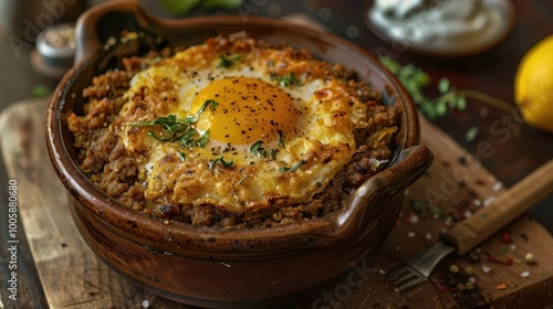 South African bobotie with spiced minced meat and egg topping on earthy brown backdrop