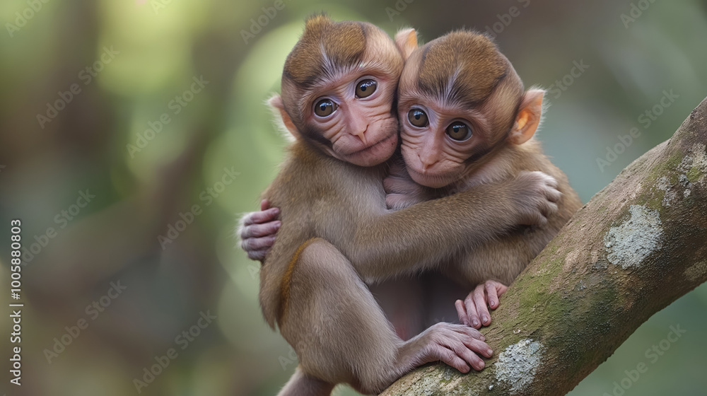 Two adorable baby monkeys tightly hugging each other while sitting on a branch. Their innocent, wide-eyed expressions reflect love, warmth, and emotional bonding. Two adorable baby monkeys tightly hugging each other while sitting on a branch. Their innocent, wide-eyed expressions reflect love, warmth, and emotional bonding.