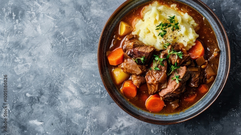 Traditional Irish stew with lamb carrots and potatoes in rich broth on gray Traditional Irish stew with lamb carrots and potatoes in rich broth on gray