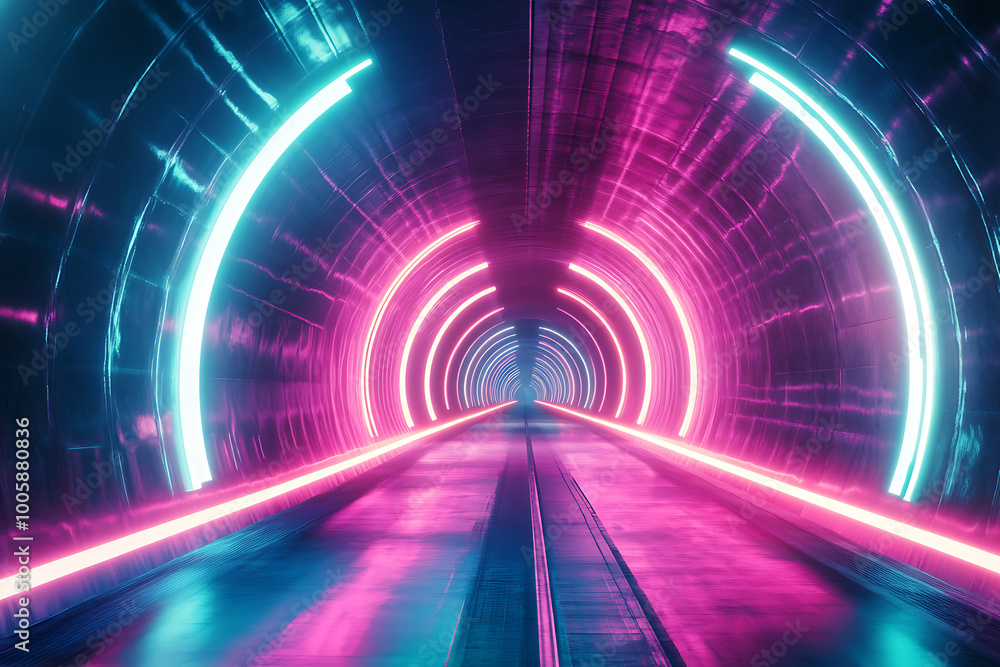 A Futuristic Tunnel Illuminated by Vibrant Neon Lights. A Futuristic Tunnel Illuminated by Vibrant Neon Lights.