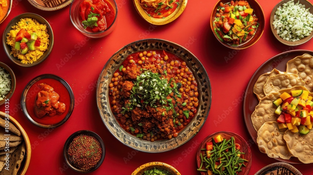 Spicy Ethiopian doro wat with tender chicken and injera bread on vibrant red backdrop Spicy Ethiopian doro wat with tender chicken and injera bread on vibrant red backdrop