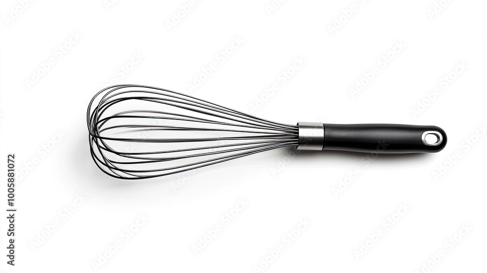 A sleek stainless steel whisk with a black handle, perfect for blending, whipping, and mixing in any kitchen. A sleek stainless steel whisk with a black handle, perfect for blending, whipping, and mixing in any kitchen.