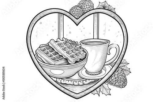 Coloring book illustration of a heart shaped window featuring a white cup and a plate of waffles The waffles are placed in a bowl and the cup holds coffee capturing a cozy and inviting winter ambia photo