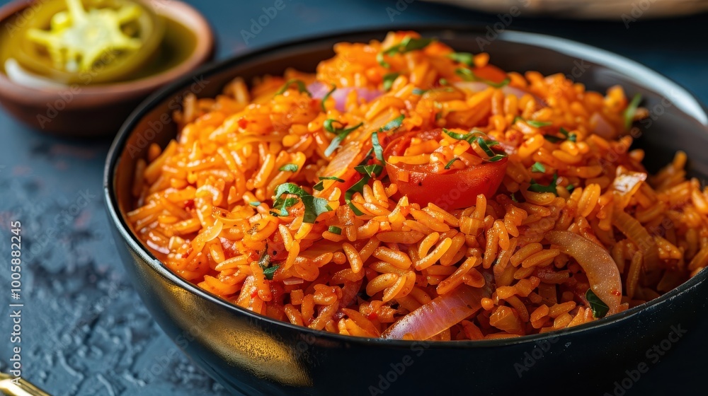 Vibrant Nigerian jollof rice with tomatoes onions and spices on blue backdrop Vibrant Nigerian jollof rice with tomatoes onions and spices on blue backdrop