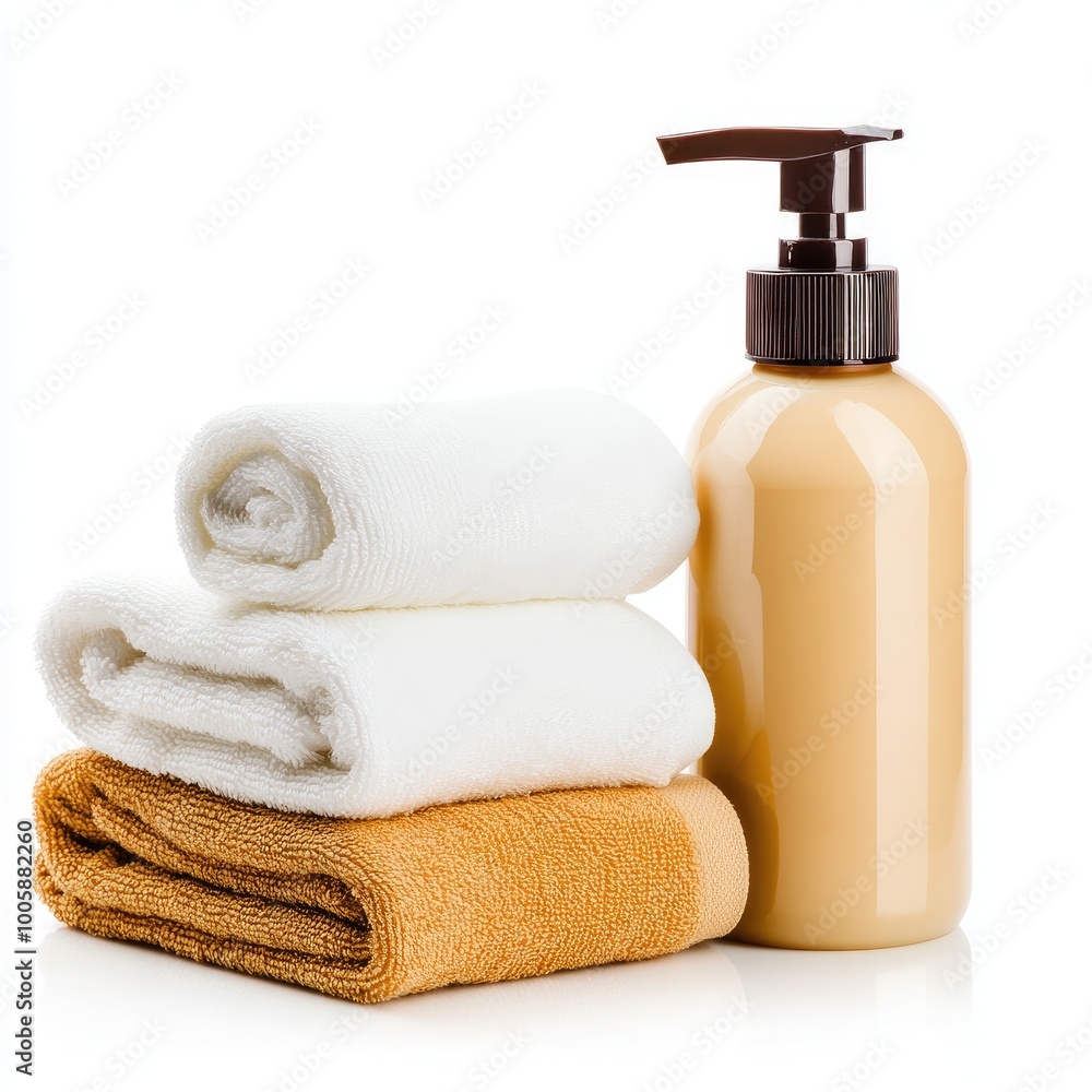 A soothing arrangement of towels and a stylish pump bottle showcasing luxurious body care products. A soothing arrangement of towels and a stylish pump bottle showcasing luxurious body care products.