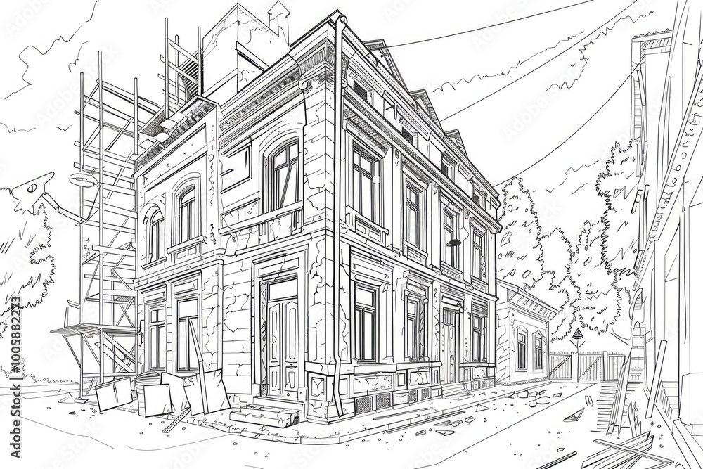 Fototapeta premium Coloring book illustration of a historical building renovation on a charming street