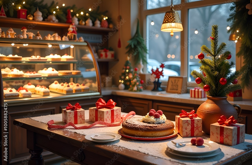 Christmas baking with cakes and gifts in a cozy decorated room with a display case filled with fresh baked goods on the eve of Christmas Christmas baking with cakes and gifts in a cozy decorated room with a display case filled with fresh baked goods on the eve of Christmas