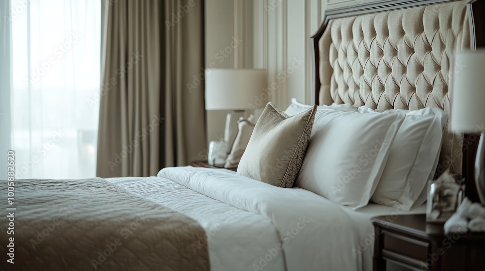 A luxurious bedroom with a neatly made bed and elegant decor. A luxurious bedroom with a neatly made bed and elegant decor.