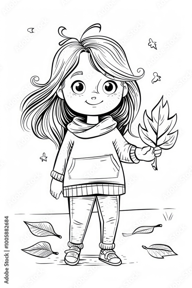 Coloring book illustration of a girl with a leaf Coloring book illustration of a girl with a leaf