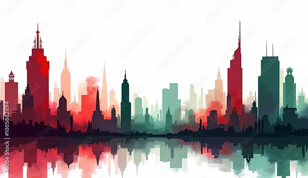Obraz premium Illustration of a futuristic building shadow with a combination of green, red and black on a white background.