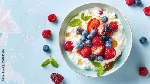 Skyr with fresh berries and a drizzle of honey set on a light sky blue background