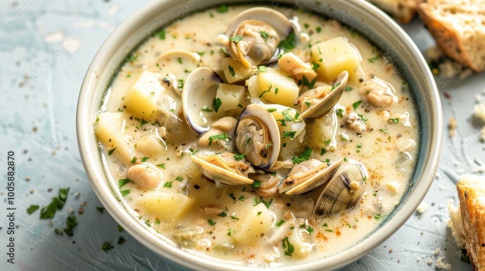 Creamy clam chowder with clams and diced potatoes on soft pale blue wallpaper Creamy clam chowder with clams and diced potatoes on soft pale blue wallpaper