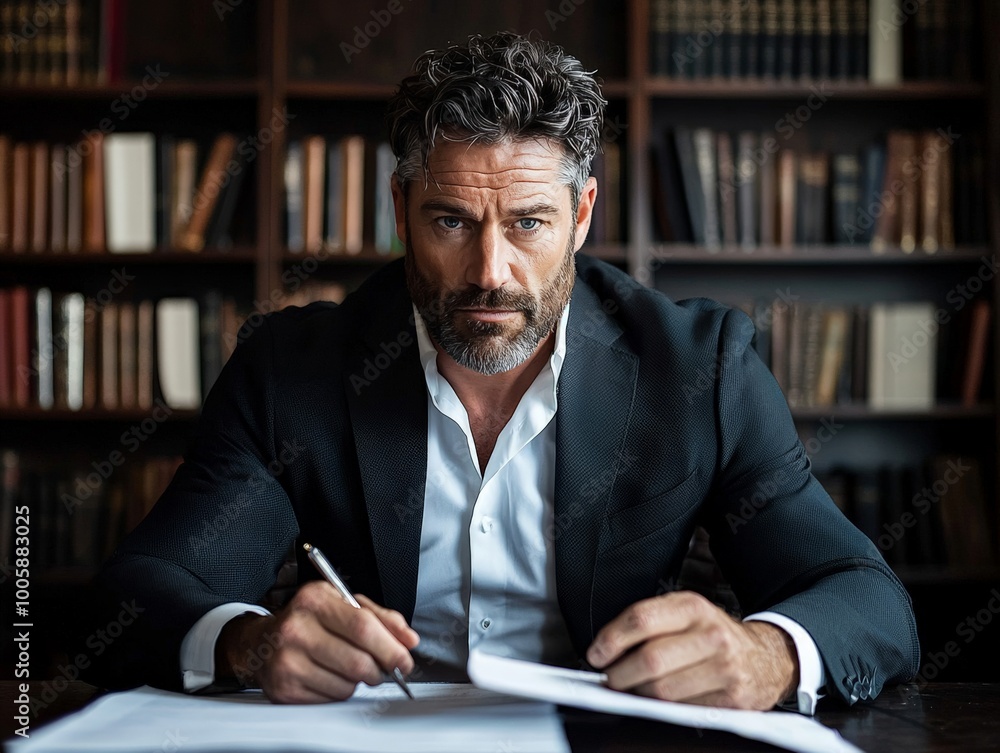 Portrait of a lawyer reviewing legal documents in an office, serious and focused expression, bookshelves filled with law books in the background Portrait of a lawyer reviewing legal documents in an office, serious and focused expression, bookshelves filled with law books in the background
