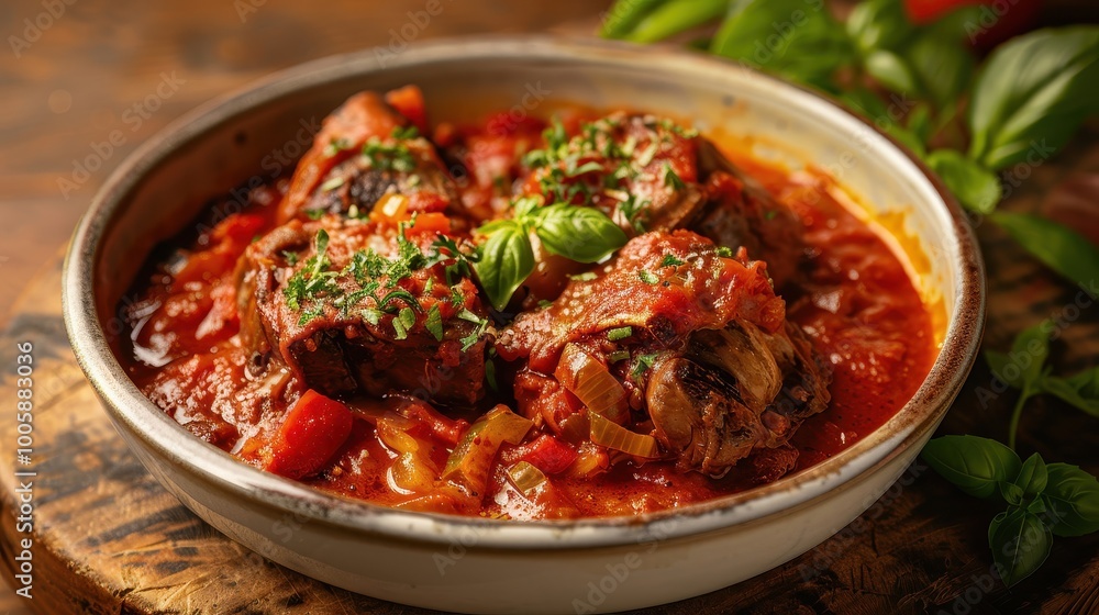 Italian osso buco with veal shanks in tomato sauce on warm earthy brown wallpaper Italian osso buco with veal shanks in tomato sauce on warm earthy brown wallpaper