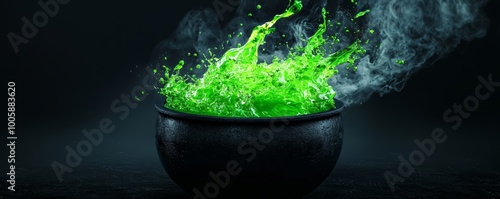 A bubbling black cauldron over roaring flames, filled with a glowing green potion that swirls with magical energy, perfect for a witch's brew.