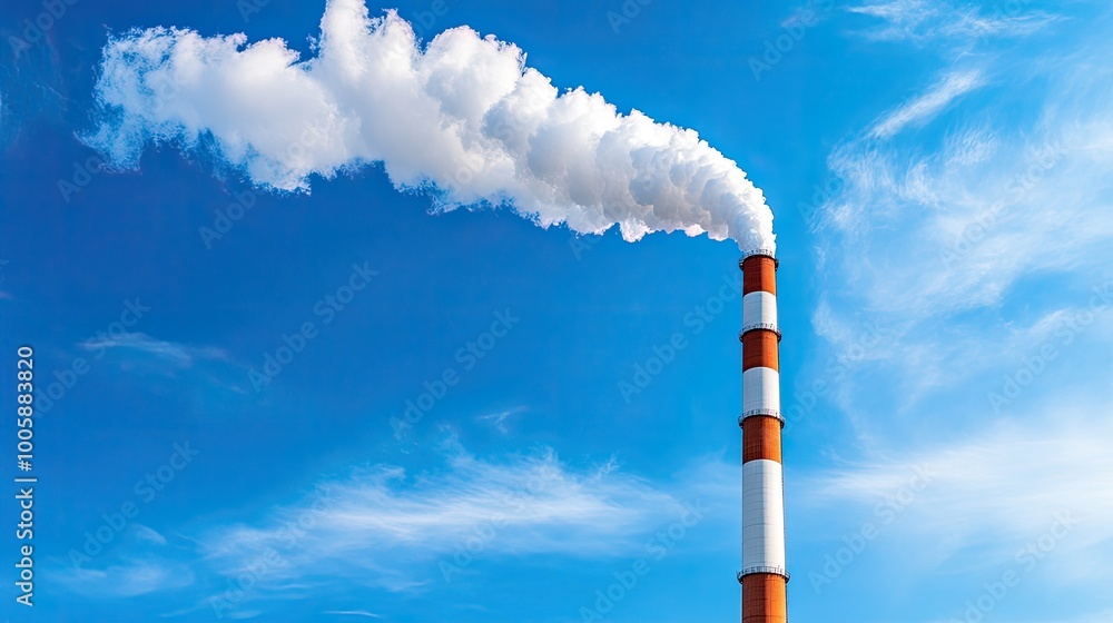 A striking image of a factory smokestack emitting white smoke against a blue sky, highlighting industrial pollution and environment. A striking image of a factory smokestack emitting white smoke against a blue sky, highlighting industrial pollution and environment.
