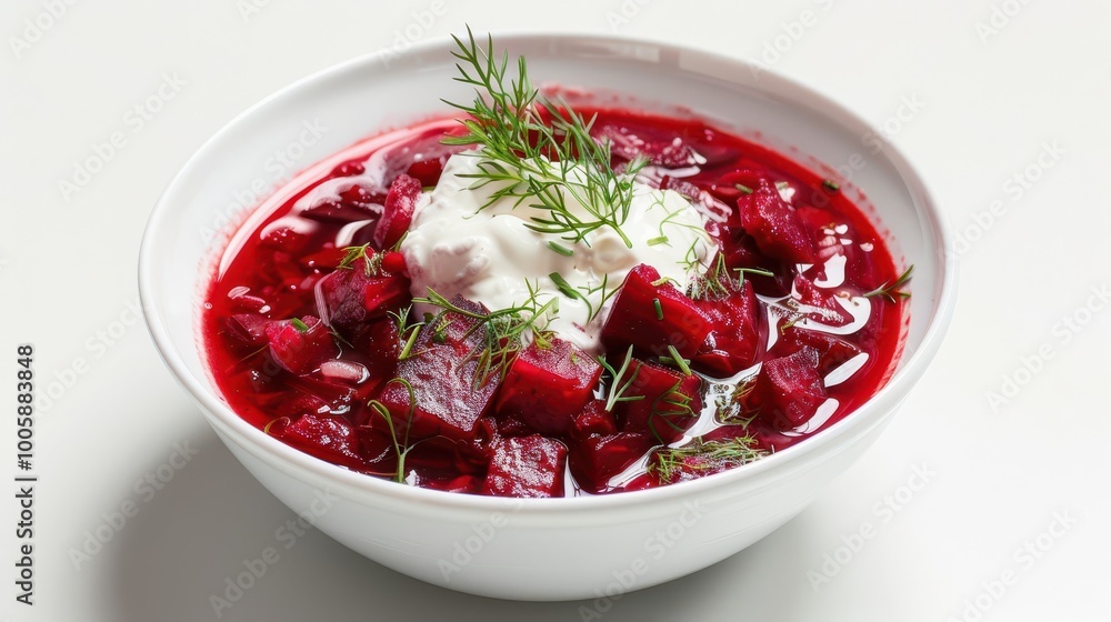 Hearty borscht soup with sour cream and dill on a crisp white background Hearty borscht soup with sour cream and dill on a crisp white background
