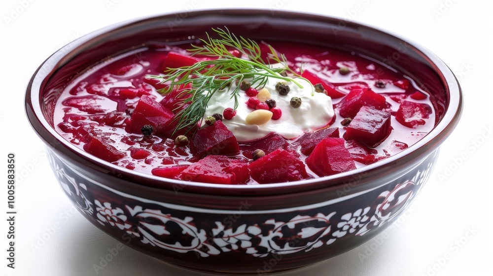 Traditional borscht soup with beets sour cream and dill on crisp white wallpaper Traditional borscht soup with beets sour cream and dill on crisp white wallpaper