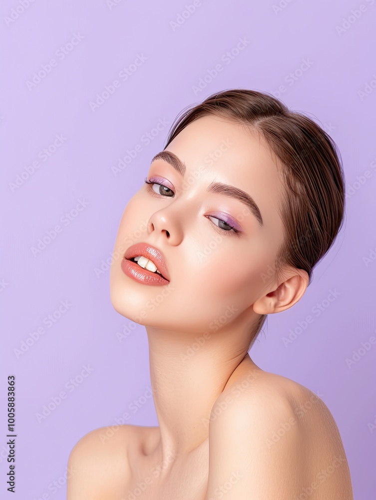 A striking portrait of a woman with flawless skin against a soft purple background, showcasing beauty and elegance in modern photography. A striking portrait of a woman with flawless skin against a soft purple background, showcasing beauty and elegance in modern photography.