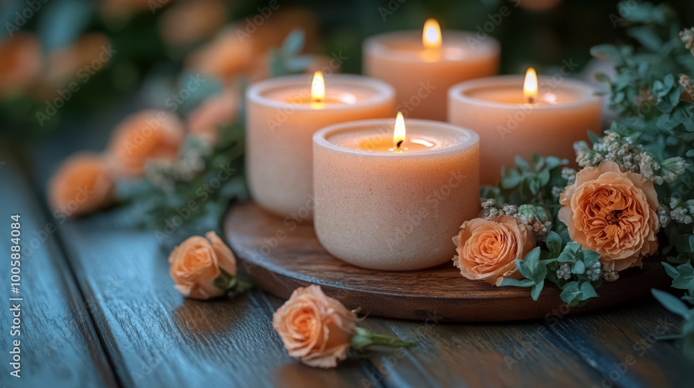 Beautiful Spa still life with aromatic candles and flowers on a wooden background Beautiful Spa still life with aromatic candles and flowers on a wooden background