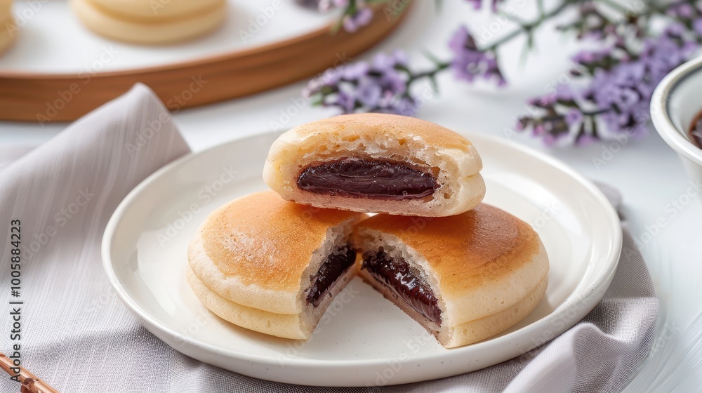 Sweet dorayaki pancakes with red bean paste on soft lavender backdrop Sweet dorayaki pancakes with red bean paste on soft lavender backdrop