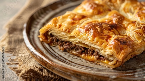 Turkish börek pastry filled with spiced meat and cheese on beige backdrop photo