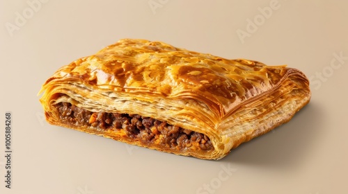 Turkish börek with golden layers filled with meat and cheese on beige backdrop photo