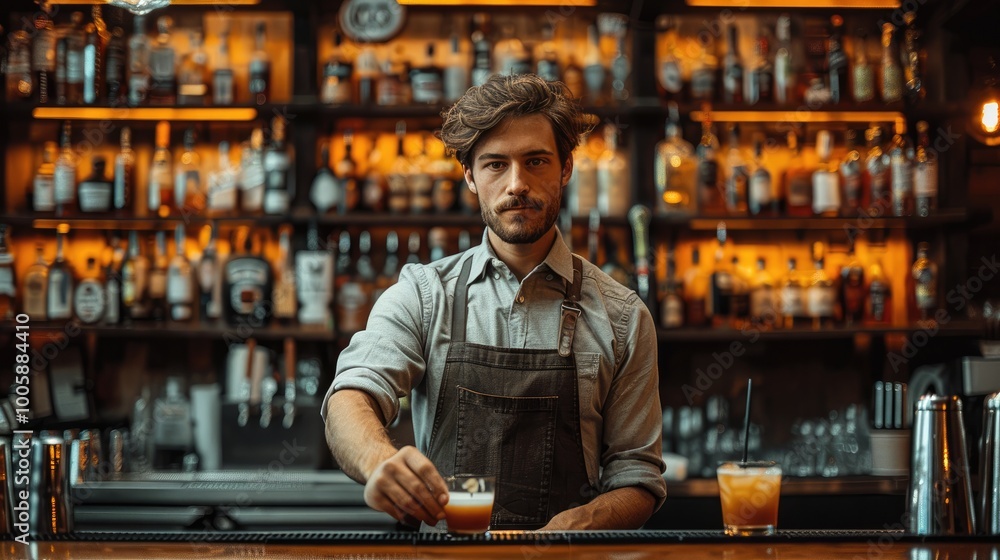 Mixologist making a drink from behind the bar that's empty. Mixologist making a drink from behind the bar that's empty.