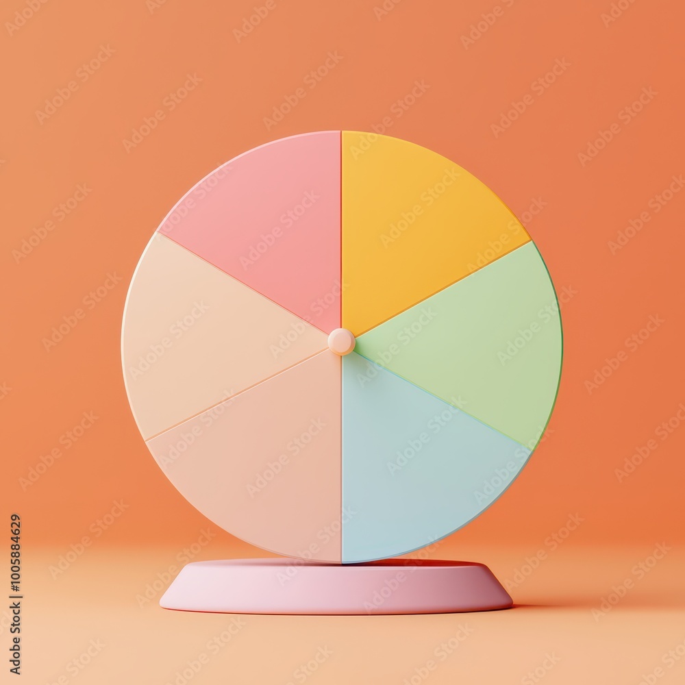 Fototapeta premium A colorful spinning wheel with pastel segments on a simple background, suggesting a game or decision-making tool.