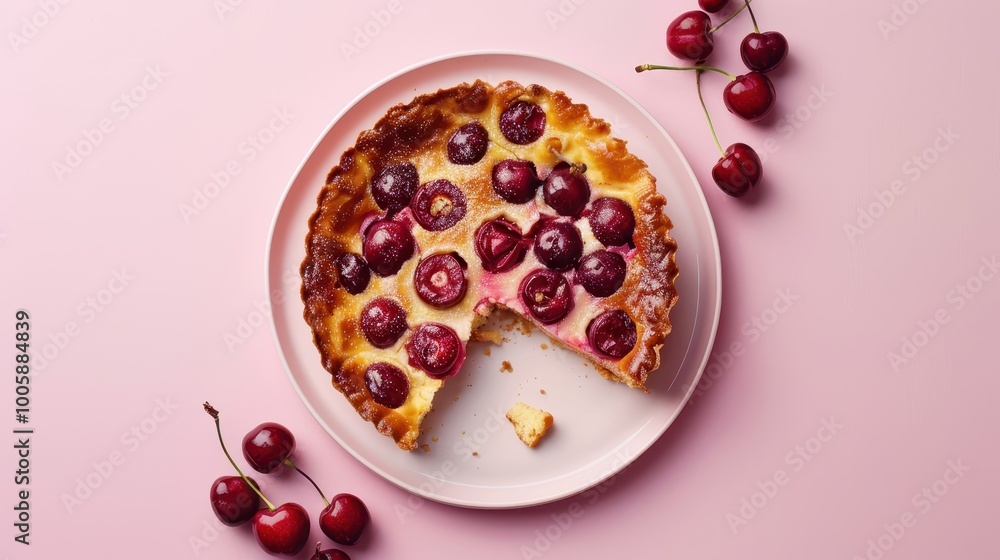Baked clafoutis dessert with cherries and golden crust on a pastel pink background Baked clafoutis dessert with cherries and golden crust on a pastel pink background