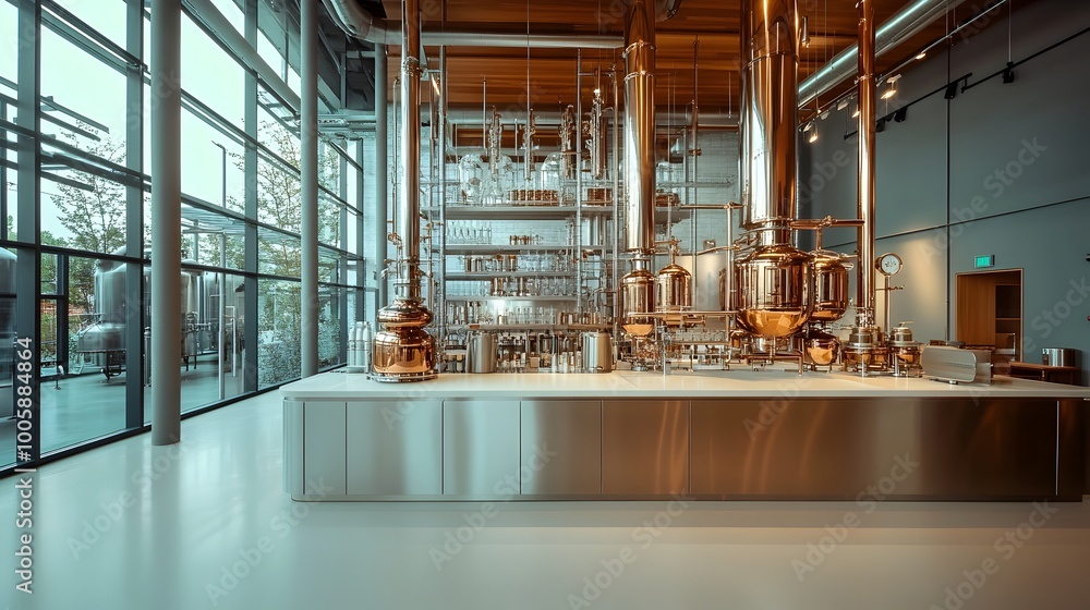 Pastel toned compact distillery featuring a sleek and streamlined industrial design elegant copper plated accents and intricate glass and stainless steel brewing apparatus Pastel toned compact distillery featuring a sleek and streamlined industrial design elegant copper plated accents and intricate glass and stainless steel brewing apparatus