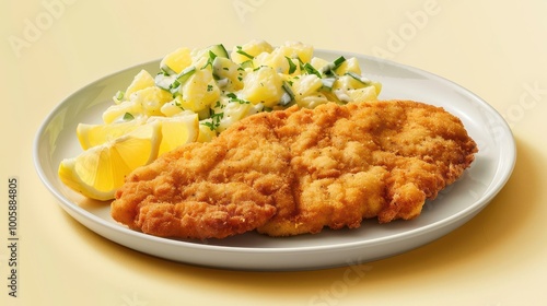 German schnitzel with golden crust lemon and potato salad on light yellow backdrop