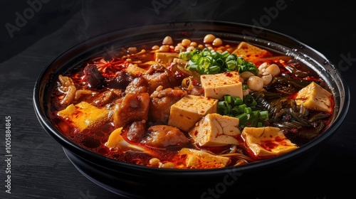 Spicy Szechuan hot pot with meats veggies and tofu in red broth on black