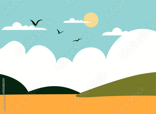 Scenic landscape with flying birds