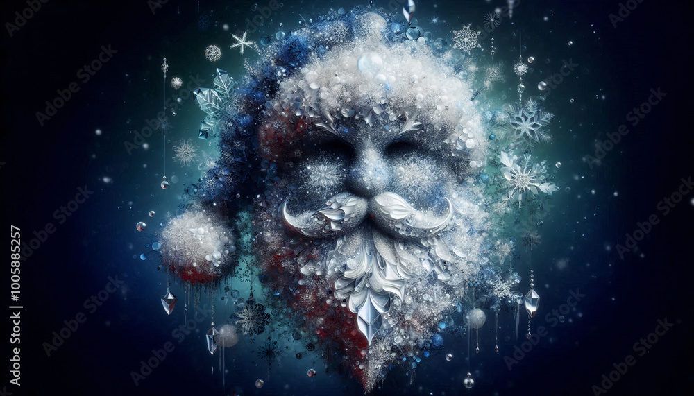 An intricate representation of Santa Claus, composed of snowflakes, crystals, and winter ornaments. His beard and hat appear to be made of ice, giving a magical winter feel An intricate representation of Santa Claus, composed of snowflakes, crystals, and winter ornaments. His beard and hat appear to be made of ice, giving a magical winter feel