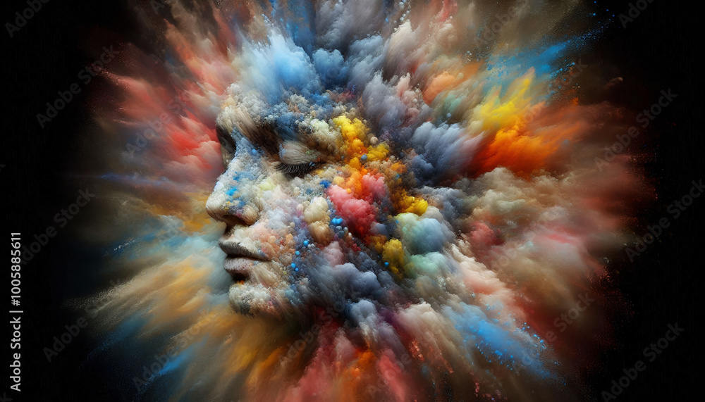 A surreal face emerging from an explosion of colors. The face appears serene amidst the chaotic mix of vibrant pigments, creating a stunning visual representation of creative energy A surreal face emerging from an explosion of colors. The face appears serene amidst the chaotic mix of vibrant pigments, creating a stunning visual representation of creative energy
