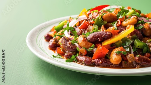 South African chakalaka with beans and peppers served on a green background